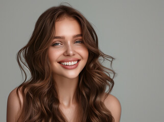 Fototapeta premium Excited fashion woman with elegance makeup, long shiny curly hairstyle and healthy skin against gray studio wall background