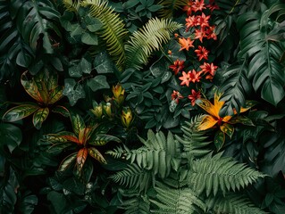 Tropical Leaves and Flowers Background - Lush Green Foliage Pattern