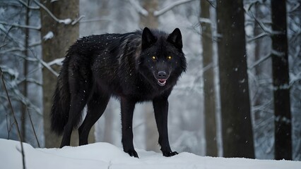 Silent Predator: Black Wolf in Wintery Woods