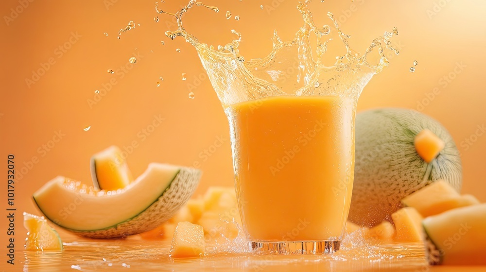 Poster freshly squeezed melon juice with splashing and sliced melon