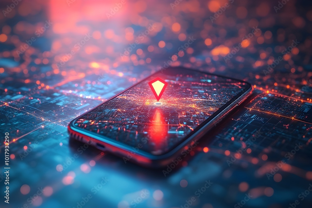 Poster smartphone gps arrow pointing forward in digital world with futuristic connectivity