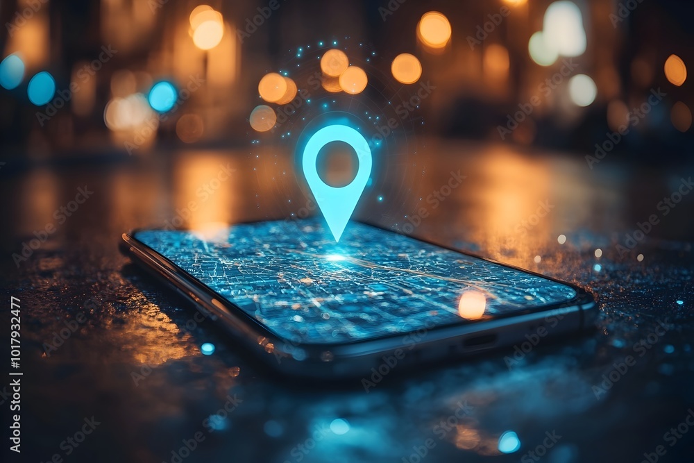 Poster smartphone with gps arrow pointing forward blending reality and technology