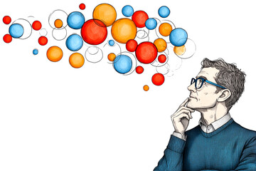 A man is looking at a bunch of colorful balls. The balls are scattered all over the image, with some closer to the foreground and others further away. The man is deep in thought