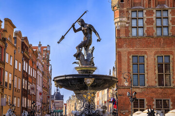 Fountain of the Neptune in old town of Gdansk, Poland