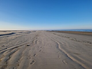 Natural pattern in sand of beach (North sea / Waddenzee) at sunrise / early morning (pink sun)