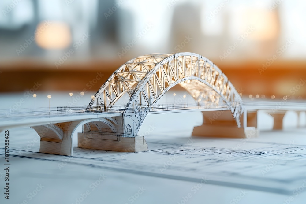 Poster architectural vision of a 3d model bridge project with blueprint detailing