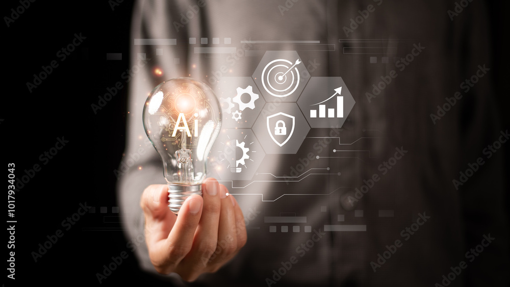 Poster ai ,businessman showing concept, connection, innovation development and artifacts too artificial int