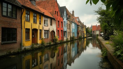 Naklejka premium Colorful Historic Buildings Reflecting in Canal Water