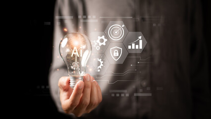 AI ,Businessman showing concept, connection, innovation development and artifacts too artificial intelligence ,ideas and innovation ,Machine learning ,science and technology