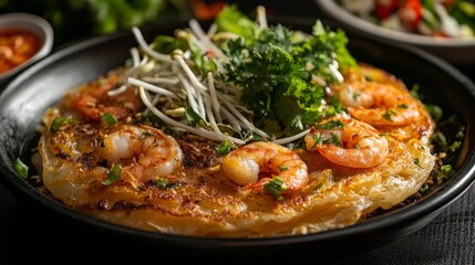 Fototapeta premium A delicious shrimp pancake garnished with fresh herbs and bean sprouts, capturing the essence of a hearty and exquisite Asian cuisine delicacy, served beautifully.
