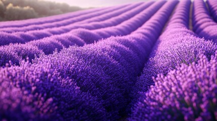 Obraz premium Vibrant rows of lush lavender stretch endlessly under a warm, golden sunrise, capturing the essence of nature's beauty in blooming purple waves and serene landscapes.