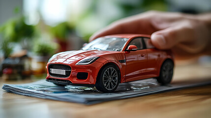 A hand placing a toy car on a magazine, showcasing a model display.