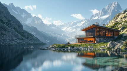 Fototapeta premium A contemporary lakeside cabin with large windows, nestled in a pristine environment, offering a breathtaking view of snow-capped mountains and serene waters.