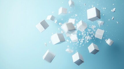 A collection of white cubes exploding and flying through the air.
