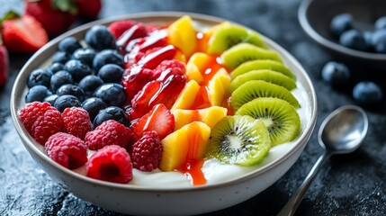 A delicious breakfast fruit bowl with an array of fresh berries, sliced kiwi, mango, and yogurt drizzled with vibrant red syrup for a colorful morning treat.