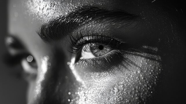 An intense close-up shot of an eye with shimmering reflections, capturing depth and emotion through intricate details in striking black and white photography.