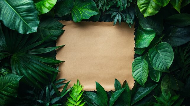 A natural-themed composition featuring a blank piece of kraft paper centered among vibrant green leaves, perfect for eco-friendly and earth-inspired designs.