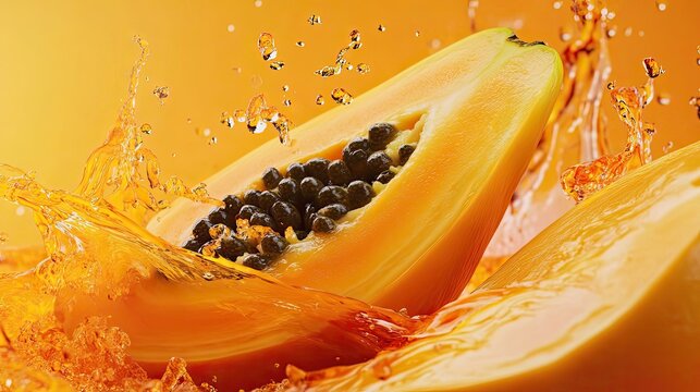 A papaya slice with seeds amidst an orange juice splash