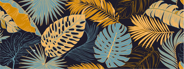 Summer abstract seamless pattern with colorful tropical leaves and plants on a dark background. Vector design. Jungle print. Floral background. Printing and textiles. Exotic tropics. Fresh design.