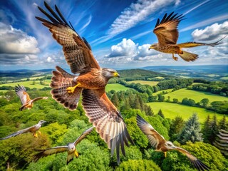 Fototapeta premium Majestic Birds of Prey Soaring High in a Clear Blue Sky with Lush Greenery Below Their Talons