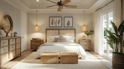 A beautifully designed bedroom features a stylish bed with a woven headboard, wooden furniture, soft linen, neutral tones, and natural elements highlighted throughout.