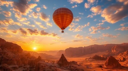Fototapeta premium Hot Air Balloon Flight Over Desert Landscape at Sunset