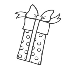 Christmas box with gift and bow line icon. Outline hand drawn vintage polka dot gift wrap, doodle element of holidays celebration. Merry Christmas, happy birthday mascot, box icon vector illustration