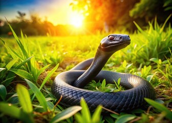 Fototapeta premium Majestic Black Mamba Slithering Through Lush Green Grass in Its Natural Habitat Under Bright Sunlight