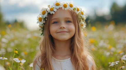Fototapeta premium A smiling young girl adorned with a daisy crown stands in a sunlit field, capturing the essence of innocence, joy, and purity against a serene natural backdrop.