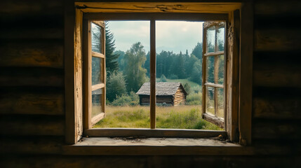 Wooden Cabin Through Window.
