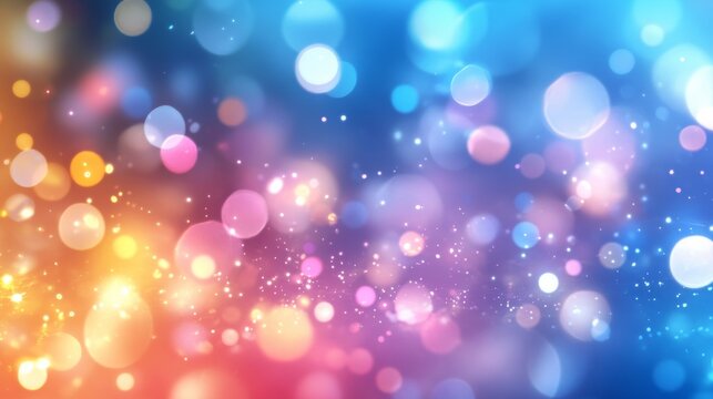 An array of colorful bokeh lights forms an abstract pattern, blending blue, pink, and orange hues, creating a whimsical and dreamy visual effect full of enchantment.
