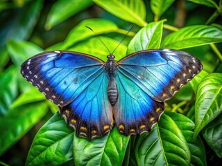 Majestic Blue Angel Butterfly Resting on Vibrant Green Leaves in a Lush Natural Environment