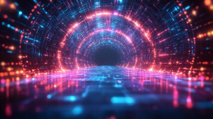 Obraz premium A tunnel with swirling digital lights and patterns in red and blue, conveying a sense of motion and energy, perfect for technological or sci-fi themes.