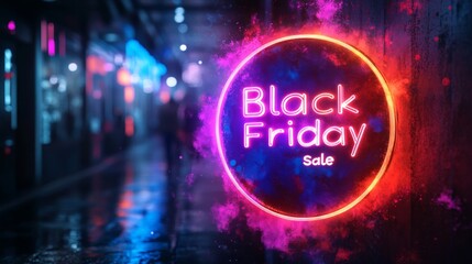 A striking neon circle lights up a city street with Black Friday sale excitement, enveloped by bright urban glow, highlighting commercial allure and urban energy.