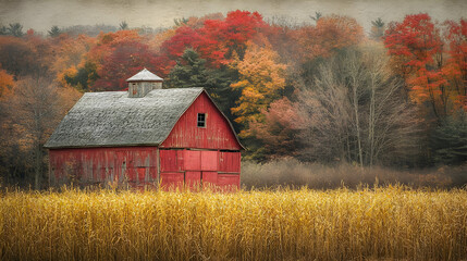 Red Barn in Autumn Field.