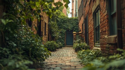 Fototapeta premium Brick Alleyway With Green Door and Foliage