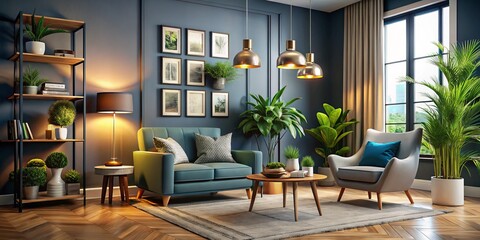 Fototapeta premium Experience a contemporary living room design showcasing a sleek armchair. Explore fresh decor concepts for a stylish home that blends comfort and