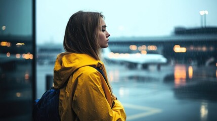 Obraz premium Traveler woman wear yellow raincoat. Tourist travel abroad in free spare time rest getaway Air flight trip concept
