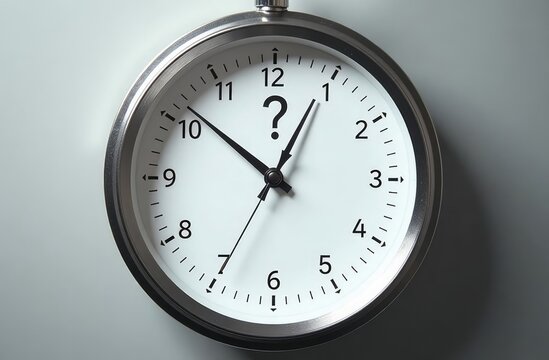 a white watch face and a question mark. The concept of time