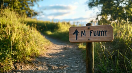 A wooden sign with an arrow pointing up and the words "M FUUNT" on it.