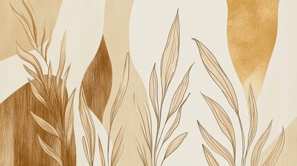 Stylish abstract botanical pattern featuring various leaves in earthy tones on a light background.