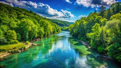 Fototapeta premium Majestic Buffalo River Flowing Through Lush Greenery Under Clear Blue Sky in Tranquil Natural Setting