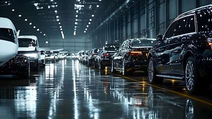 A lineup of cars in a well-lit industrial space.