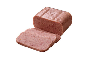 Delicious canned pink spiced ham or spam with salt, spices and herbs