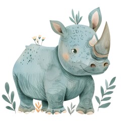 Fototapeta premium Colorful Drawn Rhino with Geometric Patterns in Boho Style