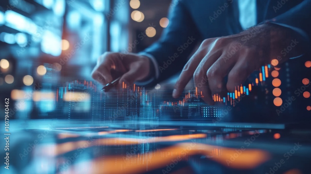 Poster businessman analyzing financial data on tablet with graph and chart