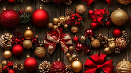Festive Christmas Ornaments and Bow on Rustic Wood Background