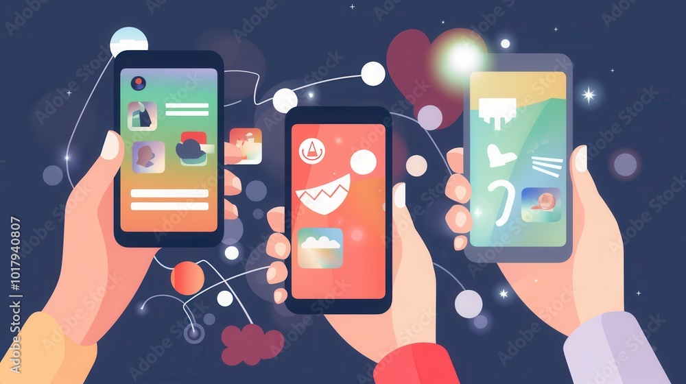 Aufkleber three hands hold smartphones displaying colorful social media applications, reflecting the connectiv