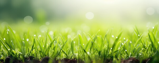 closeup of green grass with blurred garden background