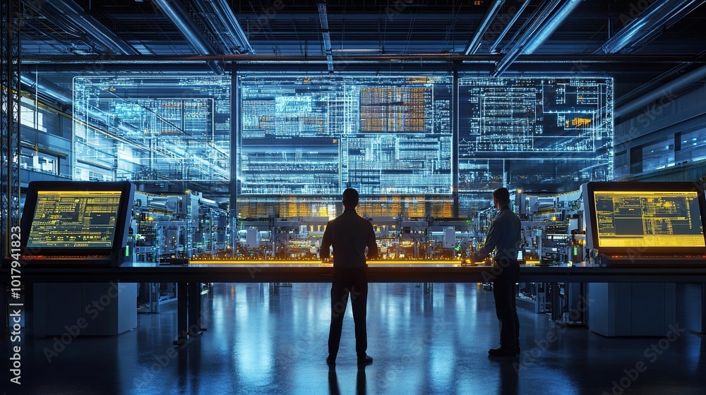 Aufkleber two engineers analyze data in a modern technology lab with glowing screens in the background late at